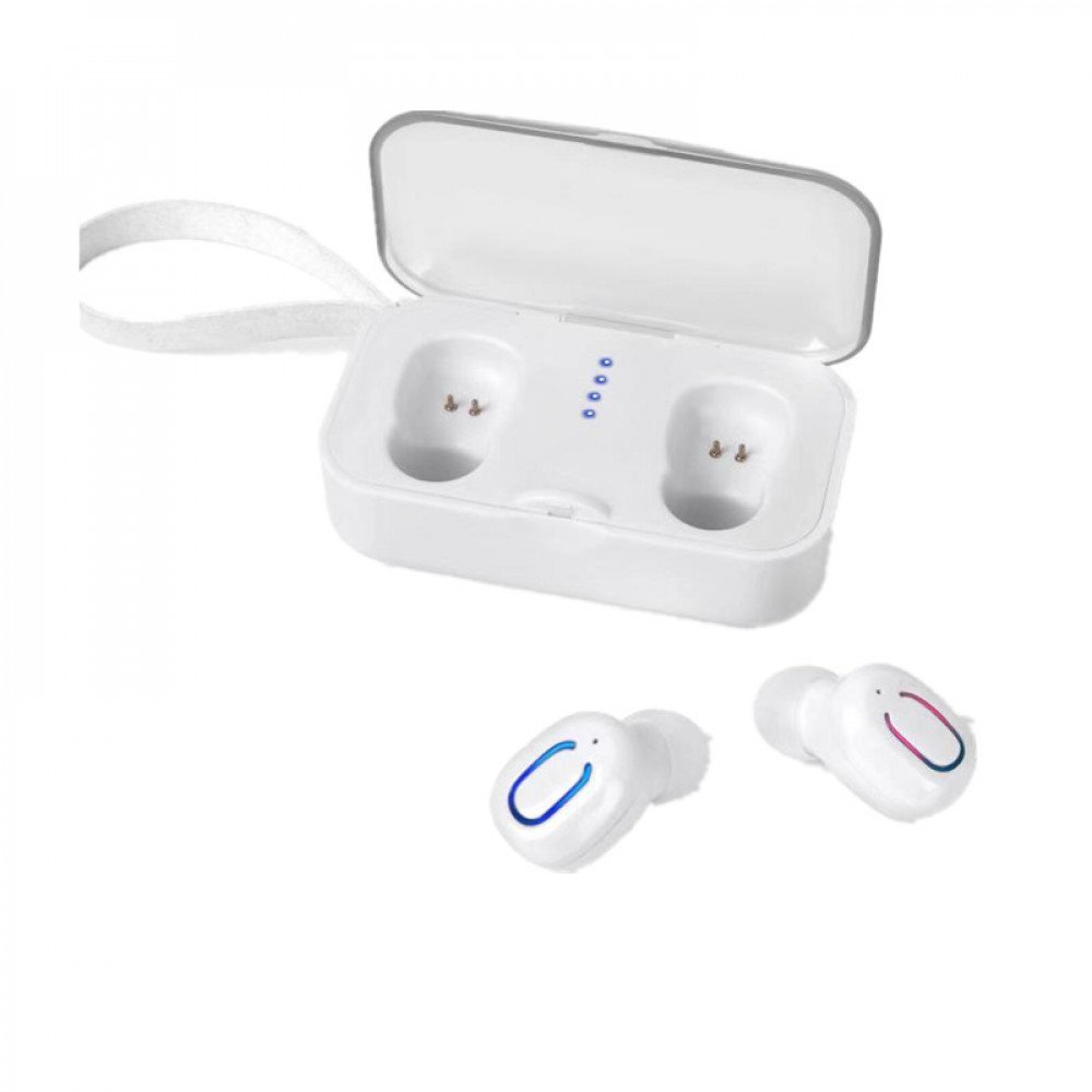 Wholesale Bluetooth 5.0 True Wireless Mini Earbuds Pods Buds Headset with Portable Charger White